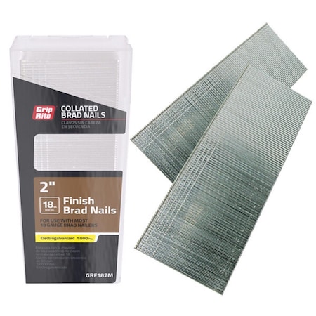 Grip-Rite Collated Brad Nail, 2 in L, 18 ga, Electro Galvanized, Brad Head, Straight, 1000 PK GRF182M